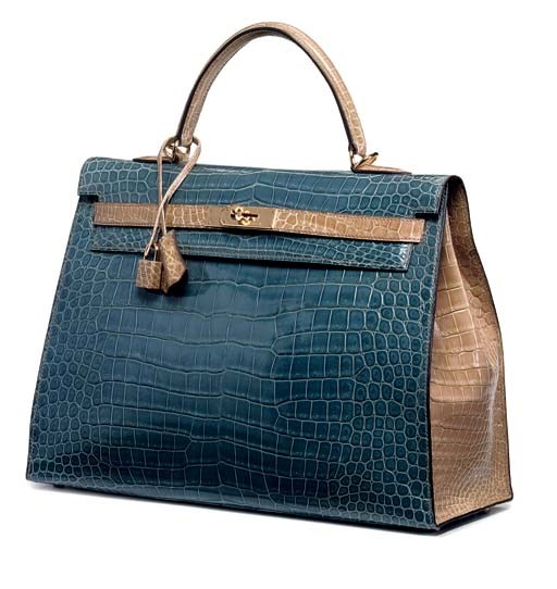 A BLUE AND TAUPE BI-COLOUR CROCODILE KELLY BAG