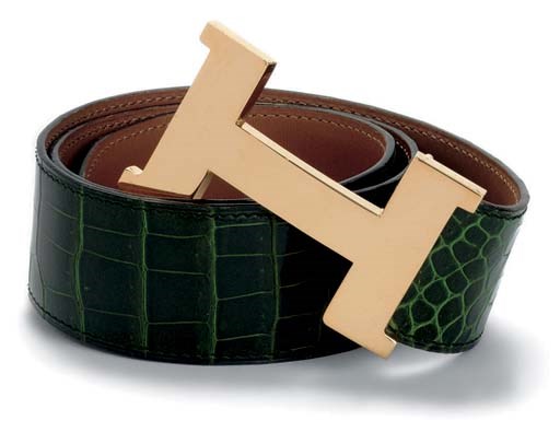 A FOREST GREEN CROCODILE 'H' BELT
