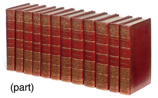 PETITOT (editor).  Répertoire du Théâtre François, ou Recueil des Tragédies et Comédies. Paris: chez Perlet, 1803-4. 23 volumes, 8°. Engraved plates (some staining). Finely-bound in scarlet straight-grained morocco gilt, gilt edges (extremities lightly rubbed). Brunet IV, 1238. 	 (23)