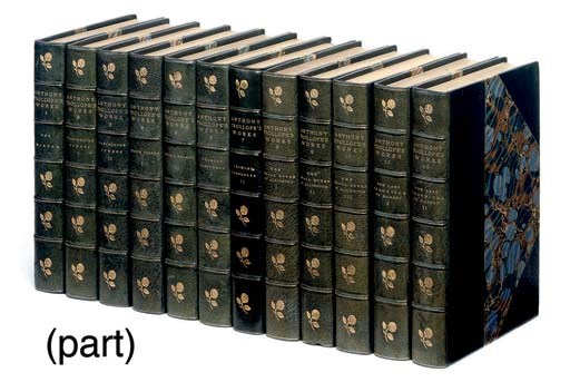 TROLLOPE, Anthony.  Works. Philadelphia: Gebbie and Company, 1900. 30 volumes, 8°. Titles printed in red and black, plates. Finely-bound in dark blue morocco gilt by Maddon and Co., spines gilt with rose tools in compartments, top edges gilt, others uncut. Provenance: Albert Calman (bookplate). "COLLECTOR'S EDITION." NUMBER 91 OF 250 COPIES. 	 (30)