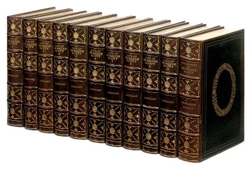 LOCKHART, John Gibson.  Memoirs of the Life of Sir Walter Scott. Boston: Houghton, Mifflin and Company, 1901-13. 11 volumes, 8°. Coloured frontispieces, titles printed in red and black, plates. Very finely-bound in later green morocco gilt by the Riverside Press bindery, spines gilt in compartments, top edges gilt, others uncut, doublures. NUMBER 396 OF 600 COPIES. 	 (11)