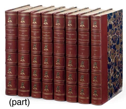 BERANGER, Pierre Jean de.  Oeuvres. Paris: Garnier Frères, 1860-69. 8 volumes, large 8°. Engraved plates. Finely-bound in red morocco-backed marbled boards, spines gilt with floral motifs in compartments, top edges gilt, others uncut. With Alfred Musset's Oeuvres Complètes (Paris, 1866, 10 vols.) bound in red half calf gilt. 	 (18)