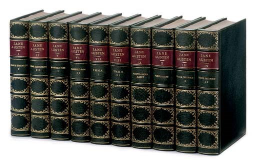 AUSTEN, Jane.  The Novels. London: Grant Richards, 1898. 10 volumes, 8°. Frontispiece portrait in vol. I, titles printed in red and black. Modern green crushed morocco gilt, spines gilt in compartments, red morocco lettering-pieces, top edges gilt, others uncut. 	 (10)