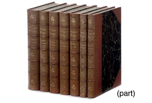 MACAULAY, Thomas Babington.  The Works ... edited by his sister Lady Trevelyan. London: Longmans, Green and Co., 1866. 8 volumes, large 8°. Frontispiece portrait. Contemporary olive green polished calf gilt, spines gilt in compartments with red and green morocco lettering-pieces.  With 5 other works in 55 vols. including sets of works by Thomas Carlyle, William Hickling Prescott and William Robertson, all bound in calf and morocco. 	 (63)