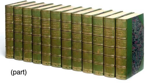 GALSWORTHY, John.  The Works. London: William Heinemann, 1923-36. 30 volumes, 8°. Titles printed in blue and black, plates. Very finely-bound in green half morocco gilt by Bumpus, spines gilt in compartments, top edges gilt, others uncut. "MANATON EDITION." NUMBER 405 OF 530 COPIES SIGNED BY THE AUTHOR. AN EXCEPTIONALLY FINE SET. 	 (30)