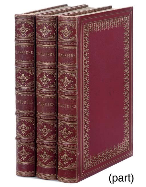 SHAKESPEARE, William.  The Complete Works. London: The London Printing & Publishing Company, [c.1880]. 3 volumes, 4°. Engraved plates (occasional spotting). Contemporary red morocco gilt, gilt edges.  With 5 other works in 14 vols. including Geoffrey Chaucer's Works (Oxford, 1894-7, 7 vols. including supplement). 	 (17)