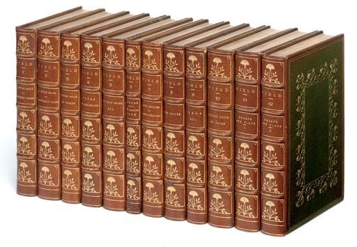 FIELD, Eugene.  The Writings in Prose and Verse. New York: Charles Scribner's, 1896-1901. 12 volumes, 8°. Very finely-bound in contemporary green crushed morocco gilt, spines gilt in compartments, top edges gilt, others uncut, gilt doublures. NUMBER 4 OF 100 COPIES ON JAPON PAPER. 	 (12)