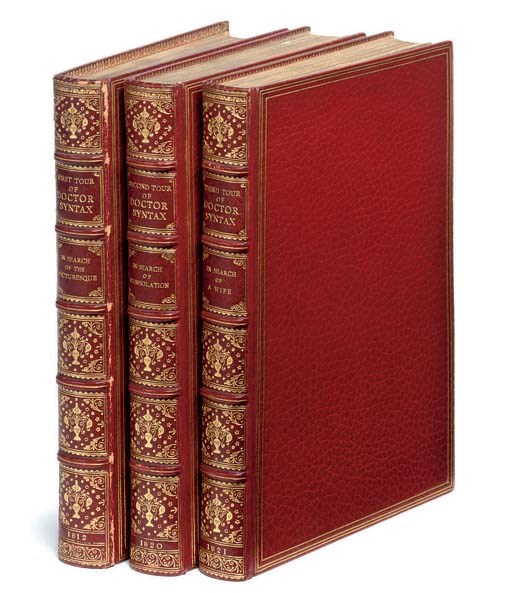 [COMBE, William].  First [Second, Third] Tour of Dr. Syntax. London: R. Ackermann, 1812-21. 3 volumes, 8°. Hand-coloured aquatint plates (some light browning and offsetting). 19th-century red morocco gilt by Riviere, gilt edges. Provenance: Edward Francis Hutton (armorial bookplate). Abbey Life 265, 266, 267; Tooley 427, 428, 429. 	 (3)
