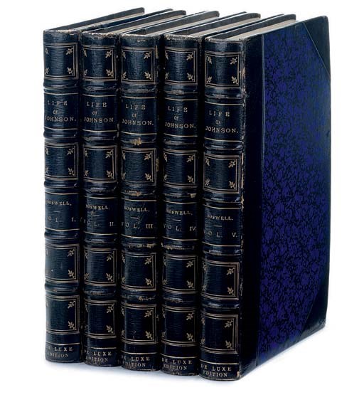 BOSWELL, James.  The Life of Samuel Johnson, L.L.D., and the Journal of his Tour to the Hebrides. London: George Routledge, 1885. 5 volumes, large 8°. Titles printed in red and black, engraved portraits after Joshua Reynolds. Contemporary black half morocco, spines gilt in compartments. "SIR JOSHUA REYNOLDS EDITION." NUMBER 176 OF 500 COPIES. 	 (5)