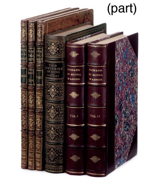 MUSIC -- Walter THORNBURY (editor).  Two Centures of Song. London: Sampson, Low, Son, and Marston, 1867. Large 8°. Plates, text within decorative border throughout. Very finely-bound in dark green crushed morocco gilt by Bain, gilt edges. With 13 other books of related interest. 	 (14)