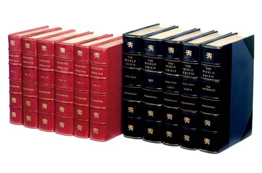 CHURCHILL, Winston Spencer.  The Second World War. London: Cassell & Co., 1948-54. 6 volumes, 8°. Folding maps and tables. Later full red calf, spines gilt. FIRST ENGLISH EDITION. Wood A123(b). With the same author's The World Crisis (London, 1925-29, 5 vols.) bound in dark blue calf gilt. 	 (11)