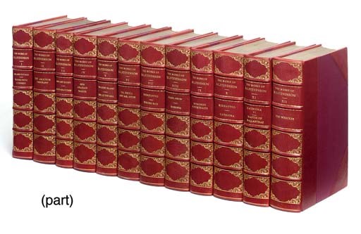 STEVENSON, Robert Louis.  Works. London: Cassell, 1906-7. 20 volumes, 8°. Titles printed in red and black, plates. Modern red half morocco gilt, top edges gilt, others uncut. "PENTLAND EDITION." LIMITED TO 1,550 COPIES. Prideaux pp.284-292. 	 (20)
