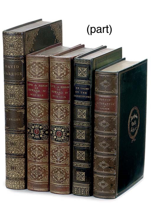 FINE BINDINGS -- Joseph KNIGHT.  David Garrick. London: Kegan, Paul, Trench, Trübner & Co. Ltd., 1894. Large 8°. Etched portrait frontispiece by W. Boucher after Gainsborough. Very finely-bound in green crushed morocco gilt by Zaehnsdorf, spine gilt in compartments, covers with elaborately-tooled cornerpieces, top edges gilt, others uncut. NUMBER 44 OF 100 LARGE PAPER COPIES. Provenance: Adeline Rose Goodrich (bookplate).  With various other works in 29 volumes finely-bound in calf and morocco, one extra-illustrated. 	 (30)