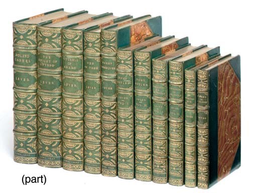 LEVER, Charles.  [Works]. London & Dublin: Chapman & Hall (and others), 1839-79. 24 works bound in 39 volumes, 8° (various dimensions). Wood-engraved illustrations. Finely-bound in contemporary green crushed half morocco gilt by Riviere, spines gilt in compartments, gilt edges. A FINE SET OF FIRST EDITIONS. 	 (39)