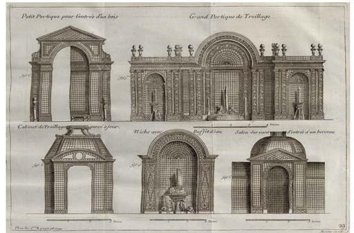 [DEZALLIER D' ARGENVILLE, Antoine Joseph].  La Theorie et la Pratique du Jardinage ... quatriéme edition revûe. Paris: chez Pierre-Jean Mariette, 1747. 4°. Title printed in red and black, folding engraved plates. Contemporary mottled calf (rubbed). cf. Berlin Katalog 3463 (1713 edition).