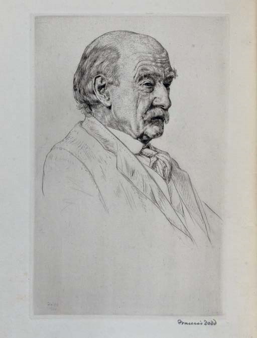 HARDY, Thomas.  The Dynasts. London: Macmillan, 1927. 3 volumes, 4°. Etched portrait of the author signed in pencil by the artist, Francis Dodd, printed in red and black. Original vellum-backed patterned boards, uncut. ONE OF 525 COPIES SIGNED BY THE AUTHOR. Sterling 438. With another limited edition work by George Moore bound in vellum. 	 (12)