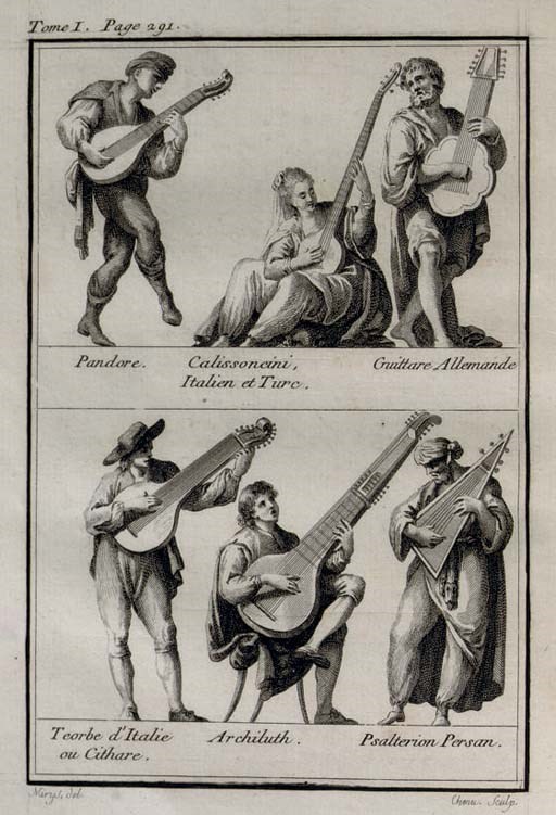 [LABORDE, Jean Benjamin de].  Essai sur la Musique Ancienne et Moderne. Paris: chez Eugene Onfroy, 1780. 4 volumes, 4°. Half titles, engraved plates and music, folding tables. Contemporary mottled calf gilt, spines gilt in compartments, green morocco lettering-pieces (extremities lightly rubbed). Brunet III, 712; Cohen p.538; Gregory & Bartlett p.142; Rothschild 272. 	 (4)