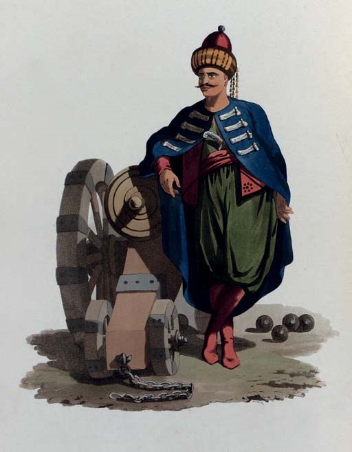 WAGEMAN, Thomas Charles.  The Military Costume of Turkey. London: T. M'Lean, 1818. 4°. Additional hand-coloured aquatint title and plates (plates offset onto text, some spotting to blanks). Contemporary straight-grained red morocco gilt, gilt edges. Abbey Travel 373; Colas 2059.