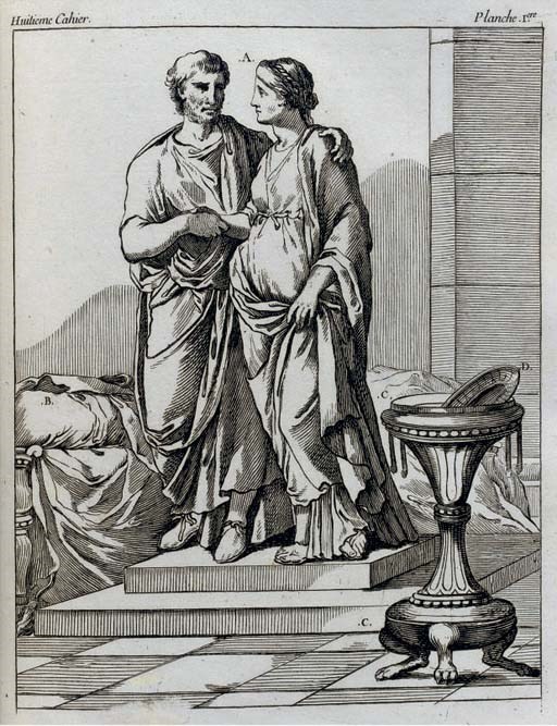 DANDRE BARDON, Michel François.  Costume des Anciens Peuples. Paris: chez Charles-Antoine Jombert (and others), 1772-4. 2 volumes, 4°. Engraved frontispieces and plates. Contemporary mottled calf gilt. Provenance: F. F. Bibliothek Donaueschingen (stamps on rectos and versos of titles and to final leaves). Brunet I, 655; Cohen-de Ricci 272; Colas 793; Lipperheide 107. 	 (2)