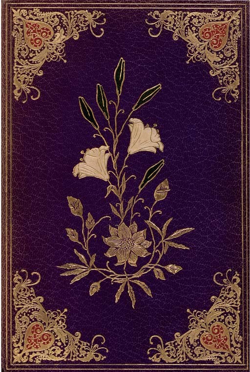 READE, Charles.  [Works]. London: The Grolier Society, c.1900. 25 volumes, 8°. Plates in 2 states, one state hand-coloured. Very finely and elaborately bound in contemporary mauve crushed morocco gilt, spines gilt in compartments, covers with large central floral sprays, floral cornerpieces, green, cream and red onlays, gilt edges, doublures (spines faded). ONE OF 5 "EDITION DES AQUARELLES" COPIES," this copy lettered "a". 	 (25)
