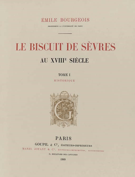 BOURGEOIS, Emile.  Le Biscuit de Sèvres au XVIIIe Siècle. Paris: Goupil, 1909. 2 volumes, 4°. Titles printed in red and black, mounted plates, some coloured. Contemporary dark blue morocco gilt, spines gilt in compartments, top edges gilt, others uncut (head of spine of vol. I torn away). NUMBER II OF 20 COPIES ON JAPON.