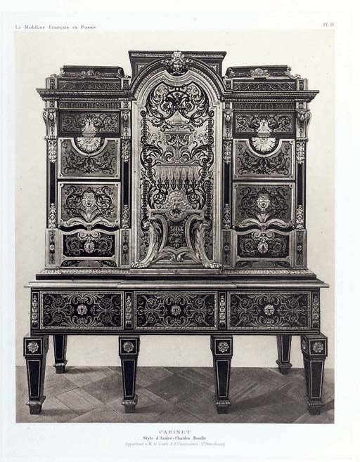 ROCHE, Denis.  Le mobilier Français en Russie, meubles des XVIIème et XVIIIéme siècles et du commencement du XIXème conservés dans les palais et les musées impériaux et dans les collections privées. Paris: Librairie Centrale des Beaux-Arts, 1913-14. 2 volumes, 2°. Numerous plates (light marginal waterstaining), unbound as issued in original brown pebbled cloth portfolios.