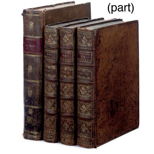 LOUIS XIV, King of France.  Medailles sur les Principaux Evenements du Regne de Louis le Grand, avec des Explications Historiques. Paris: de l' Imprimerie Royale, 1702. 4°. Engraved illustrations. Contemporary tree calf, spine gilt with red morocco lettering-pieces (joints splitting, extremities rubbed). Provenance: Jose Ignacio Ende (bookplate). Cohen-de Ricci 695. With 4 other French works in 9 vols., one incomplete, bound in contemporary calf gilt. 	 (10)