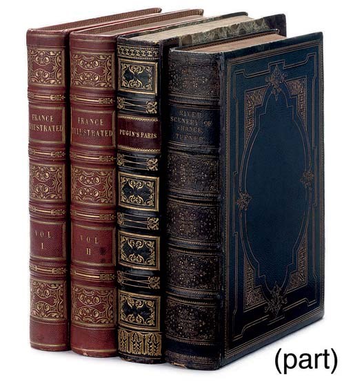 PUGIN, Augustus Charles.  Paris and its Environs displayed in a series of two hundred picturesque views. London: Jennings and Chaplin, 1831. 2 volumes bound in one, 4°. Engraved titles with vignettes, engraved plates. Contemporary half purple morocco, spine gilt in compartments. Provenance: Wm. Niven (ex-libris sticker). With 5 other related works in 6 vols. including G. N. Wright's France Illustrated (London, [n.d.], 2 vols.) and J. M. W. Turner's Liber Fluviorum; or, River Scenery in France (London, 1853). 	 (7)