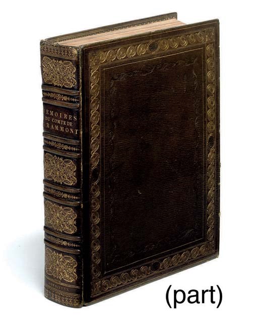 HAMILTON, Anthony.  Mémoires du Comte de Grammont. London: "chez Edwards", [1793]. 4°. Engraved portraits (occasional light spotting and staining). Finely-bound in contemporary green straight-grained morocco gilt, gilt edges. cf. Brunet III, 30. With Alan René le Sage's Histoire de Gil Blas (London, 1809, 4 vols.) finely-bound in contemporary olive morocco gilt. 	 (5)