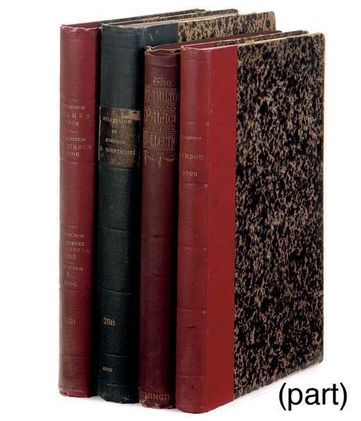 COLLECTION CATALOGUES: Catalogue des estampes de l'ècole Française de XVIII siècle … composant la collection de M. Octave de Benhague. Paris: Rue Drouot Salle No 3, 19 Fevrier-3 Mar 1877. Prices and buyers marked in autograph, quarter morocco (worn), with the original wrappers bound in; with approximately 80 mostly French art/decorative arts auction catalogues, many marked with prices and buyers