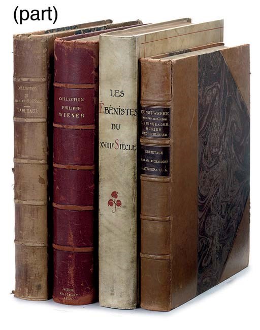 DOUCET, Jacques.  Collection Jacques Doucet.  Catalogue des Dessins & Pastels [Sculptures & Tableaux, Meubles & Objets d' Art] du XVIIIe Siècle. Paris: Georges Petit, 1912. 3 volumes, 4°. Photogravure plates, a few folding, other plates on japon paper. Original vellum-backed boards gilt, top edges gilt, others uncut. ONE OF 150 COPIES "POUR MES AMIS" SIGNED BY JACQUES DOUCET. With 12 others similar. 	 (15)