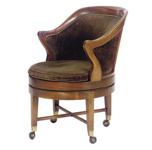 A SET OF SIX VELVET UPHOLSTERED MAHOGANY SWIVEL BOARDROOM CHAIRS,
