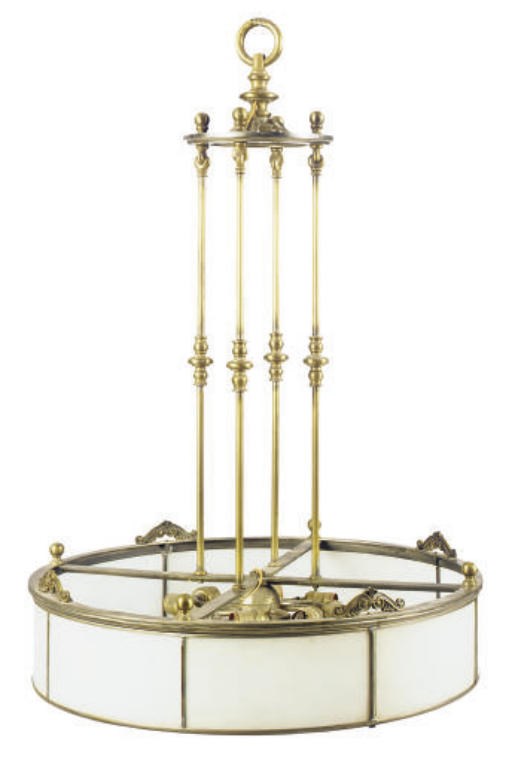 A FROSTED GLASS, BRASS AND STEEL HANGING LAMP,