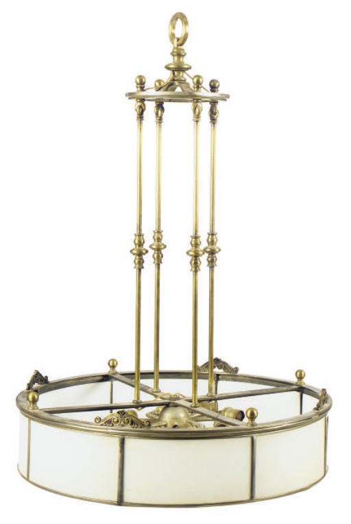 A FROSTED GLASS, BRASS AND STEEL HANGING LAMP,