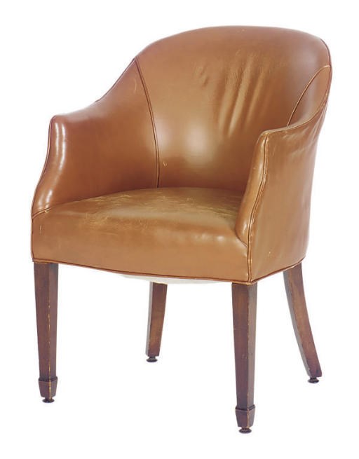A SET OF SEVEN LEATHER UPHOLSTERED MAHOGANY BOARDROOM CHAIRS,