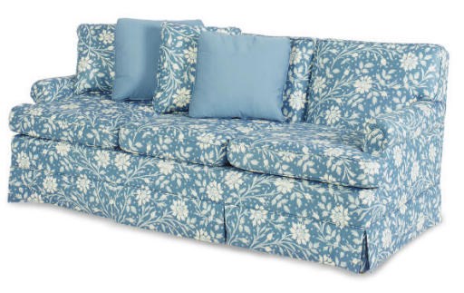 A BLUE AND WHITE FLORAL UPHOLSTERED THREE SEAT SOFA,