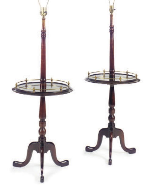 A PAIR OF MAHOGANY FLOOR LAMPS,