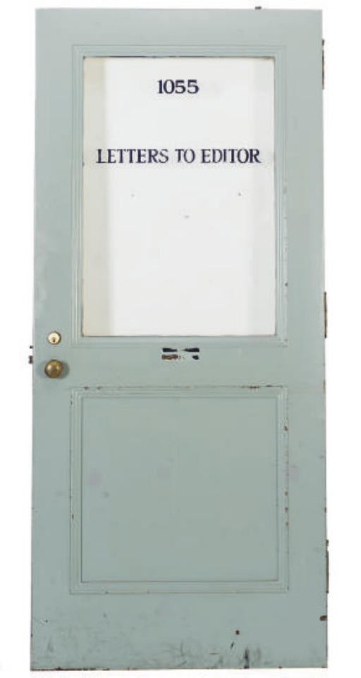 A BLUE AND WHITE PAINTED NEW YORK TIMES 'LETTERS TO EDITOR' DOOR,