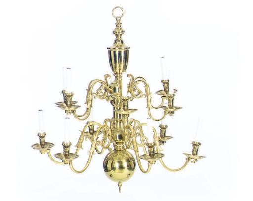 A BRASS TWELVE-LIGHT CHANDELIER,