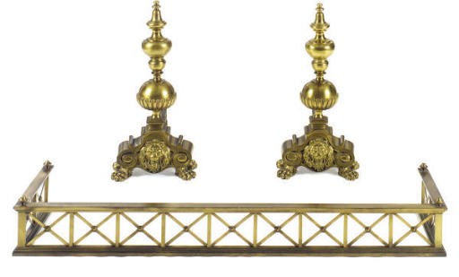 A PAIR OF BRASS ANDIRONS AND A FENDER,
