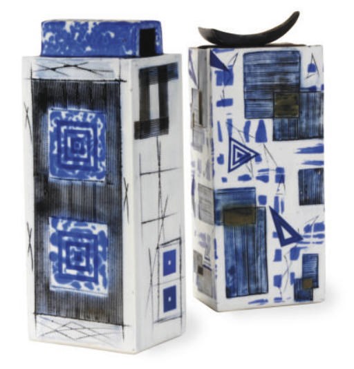 TWO SQUARE JAPANESE PAINTED PORCELAIN VASES,