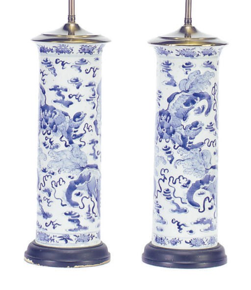 A PAIR OF CHINESE BLUE AND WHITE VASES MOUNTED AS LAMPS,