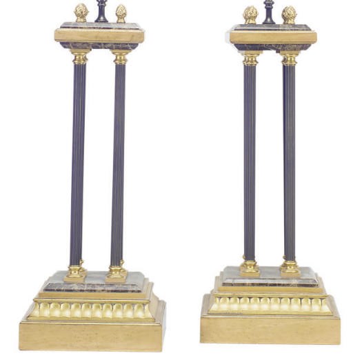 A PAIR OF PARCEL-GILT AND MARBLE TABLE LAMPS,
