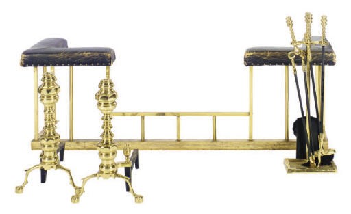A BRASS AND LEATHER FIRE FENDER TOGETHER WITH TOOLS,