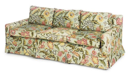 A GREEN FLORAL UPHOLSTERED SOFA,