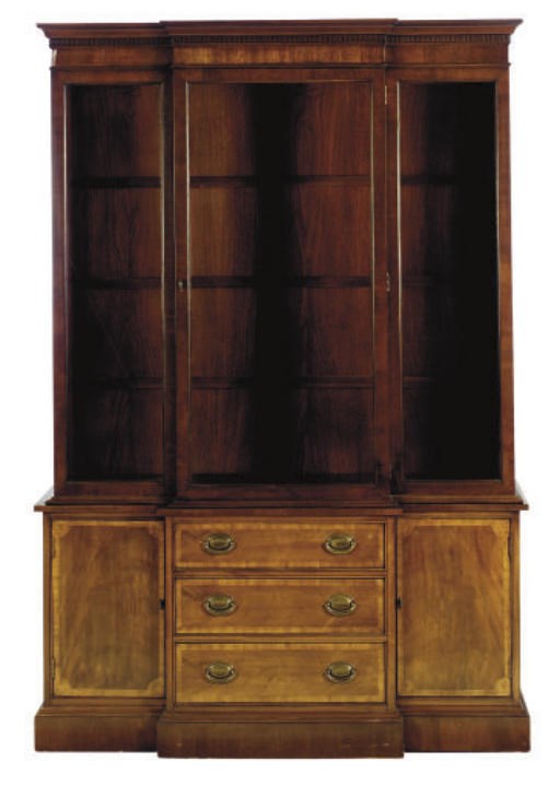 AN ENGLISH MAHOGANY BREAKFRONT BOOKCASE,