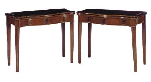 A PAIR OF GEORGE III SATINWOOD-INLAID MAHOGANY SERPENTINE GAMES TABLES,
