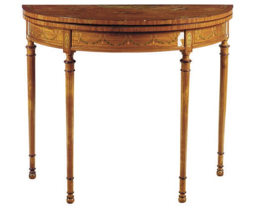 A PAINTED SATINWOOD DEMILUNE FORM GAMES TABLE,