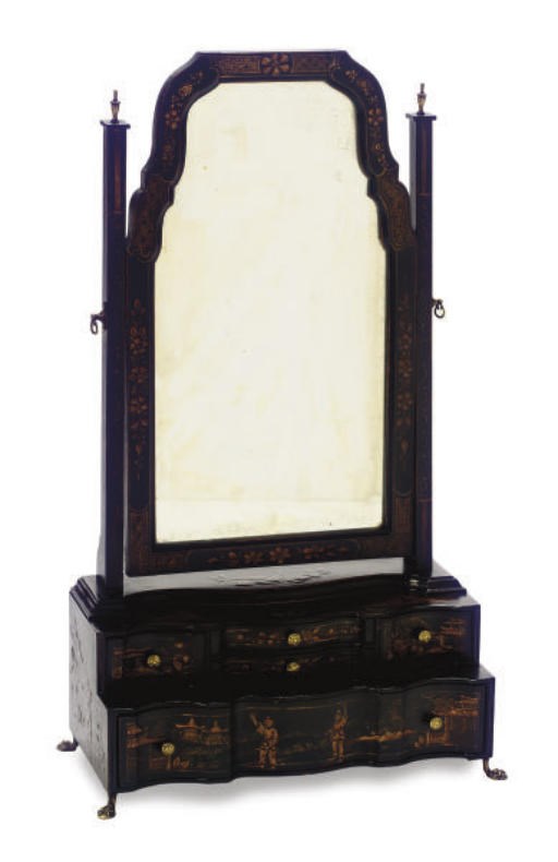 AN ENGLISH BLACK AND GILT JAPANNED DRESSING MIRROR,