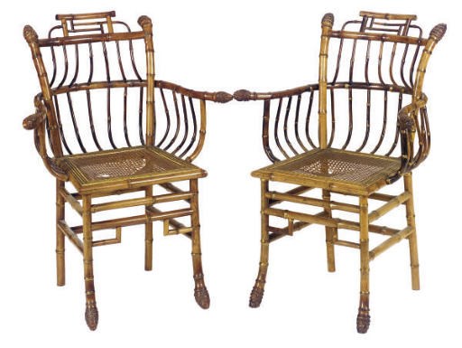 A PAIR OF CHINESE EXPORT PARCEL-GILT BAMBOO OPEN ARMCHAIRS,